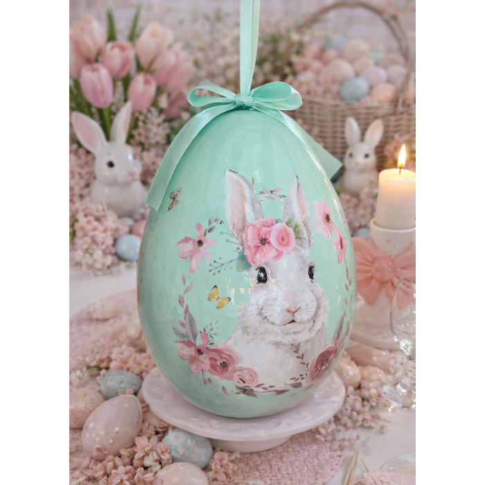 Ovo Decorativo Páscoa Coelho Floral Verde Laço Verde – 20cm