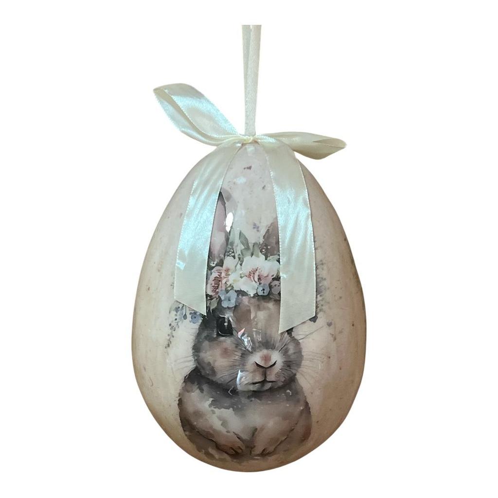 Ovo Decorativo Páscoa Coelho Floral e Laço Branco – 20cm