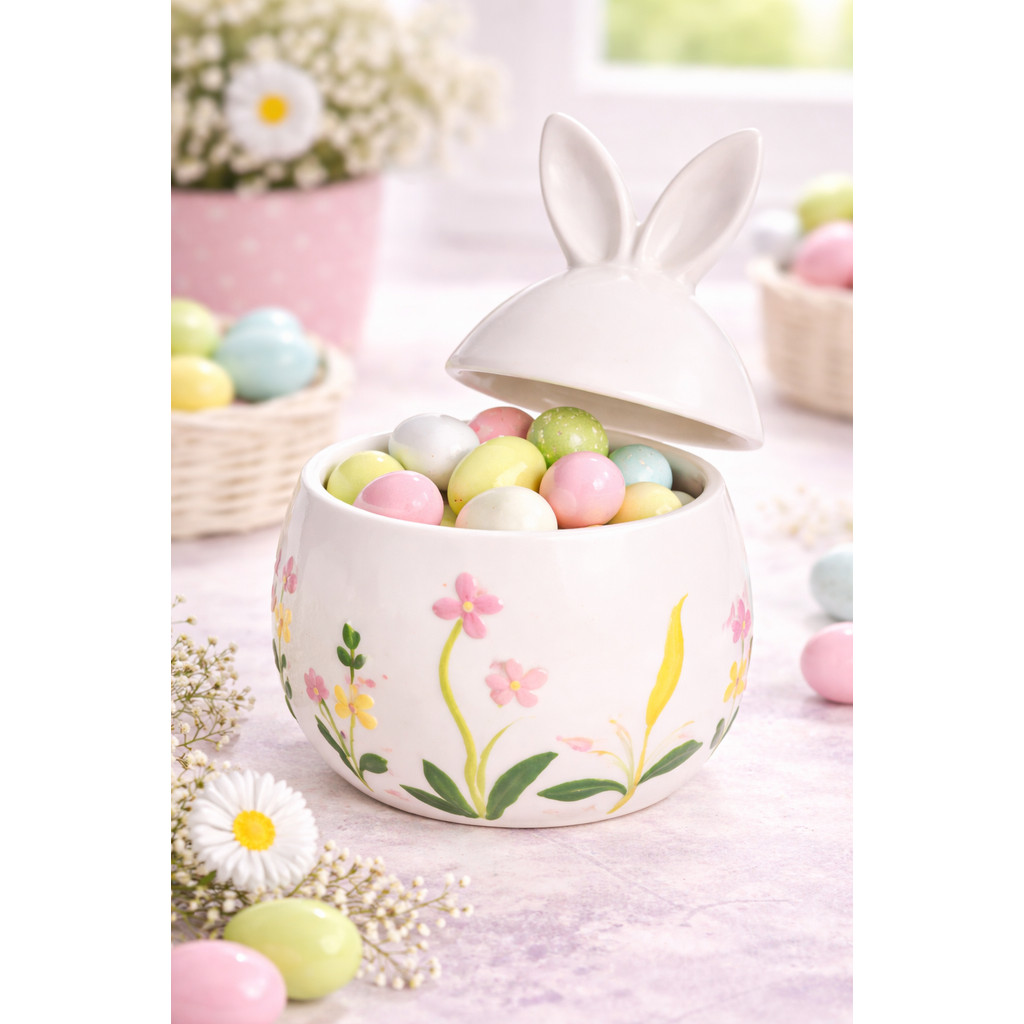 Pote Decorativo Ovo Páscoa Orelhas Coelho Floral - 20,5cm