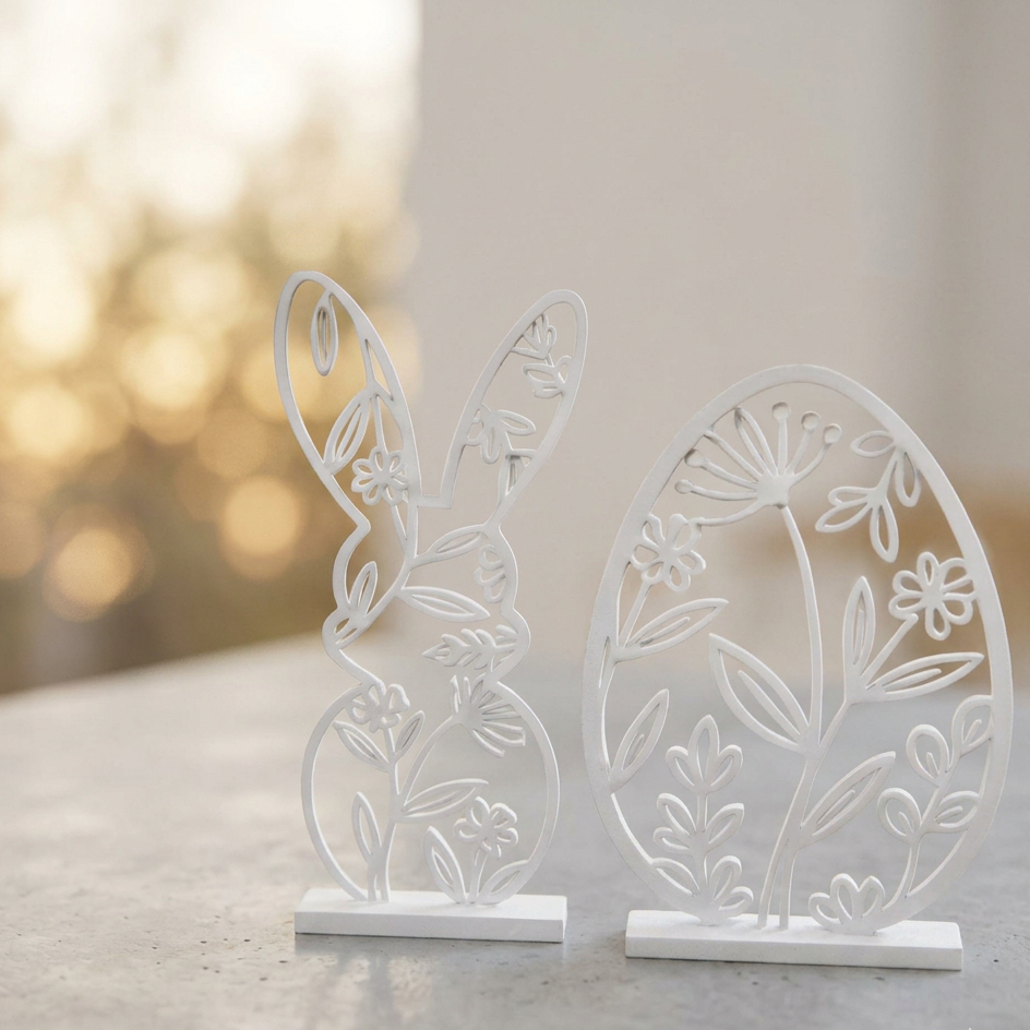 Enfeite Páscoa Kit Coelho Ovo Floral Vazado Minimalista 2 Peças Decoração Mesa Aparador Delicado Moderno Coelhinho Cesta