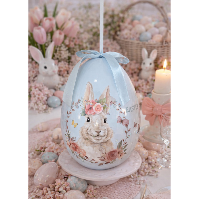 Ovo Decorativo Páscoa com Coelho Floral e Laço Azul – 20cm