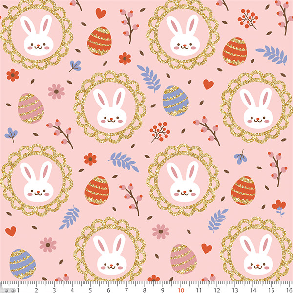 Tecido Tricoline Estampado Coelhos e Ovos de Páscoa Floral Fundo Rosa Cute Páscoa Costura