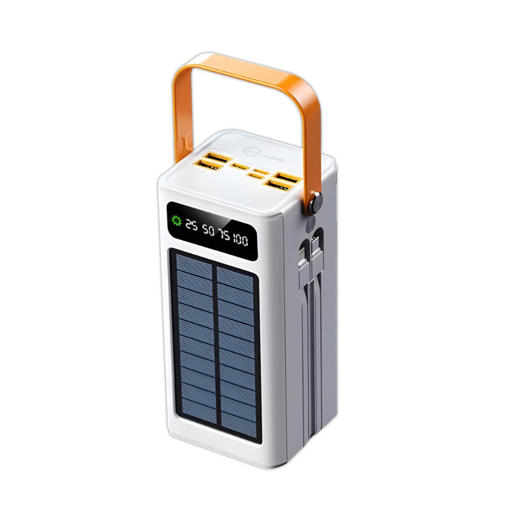 Power Bank Solar 50000mAh com 4 Portas USB Carregamento Rápido Bidirecional e Display Digital Branco