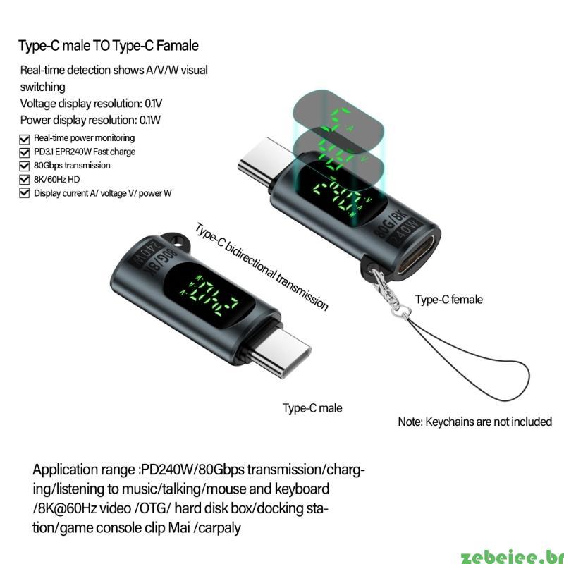 zebeiee Conversor Adaptador USB C Para 240W Display Digital Carregamento Rápido, Transmissão, Energia Efi