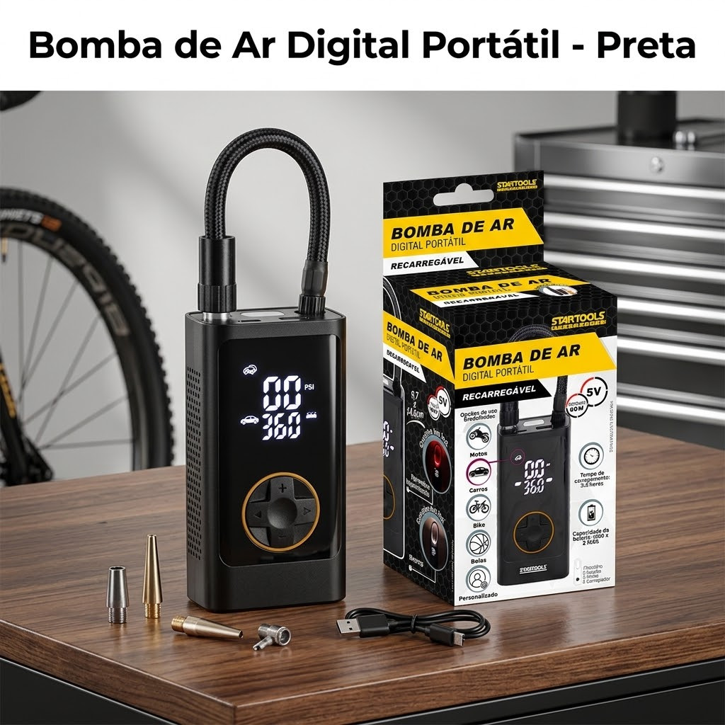 Bomba Ar Digital Portatil Preta Inflador Eletrico Compacto Rapido Alta Pressao
