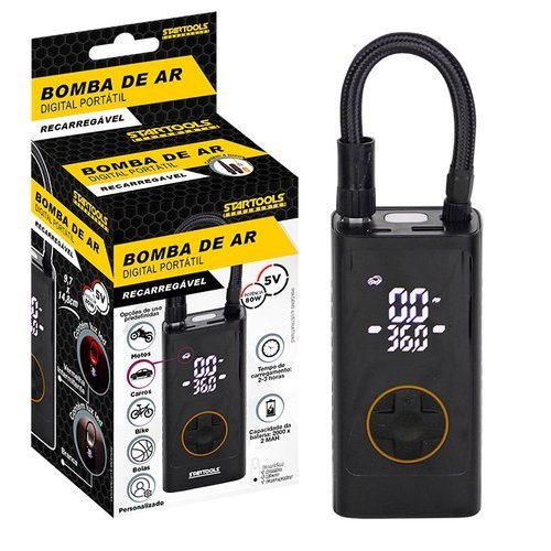 Bomba de Ar Digital Portátil Inflador Alta Pressão Pneus Bolas Preto