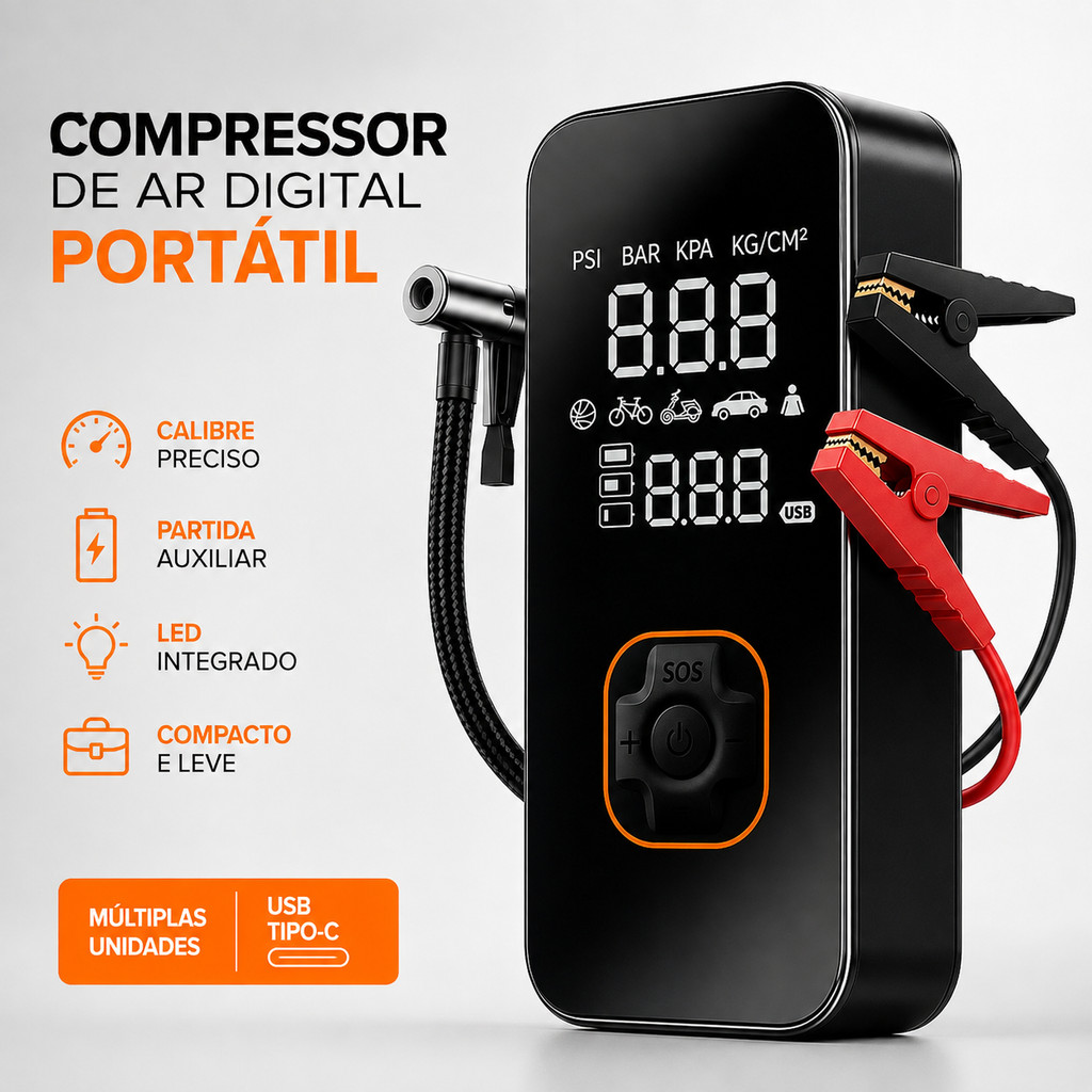 Bomba de Ar Elétrica Portátil Digital Compressor Inflador de Pneus Carro Moto Bike USB-C