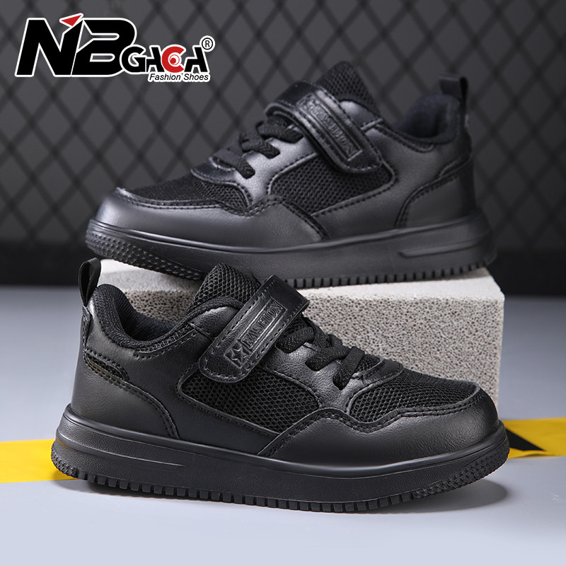 2024 mesh children's shoes sports shoes boys PU leather flat shoes comfortable black and white girls casual sports