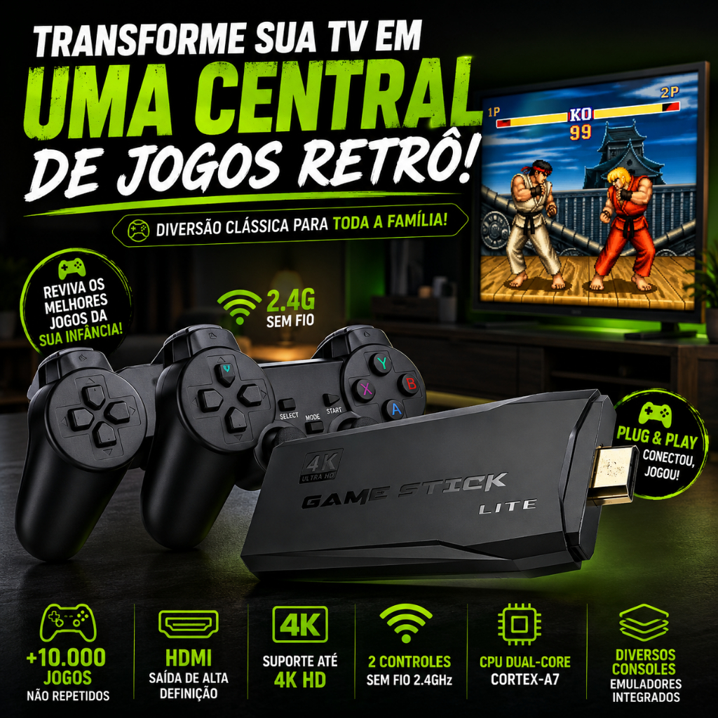 Game Stick 4K Retrô 10000 Jogos 2 Controles Sem Fio 2.4GHz HDMI Plug and Play