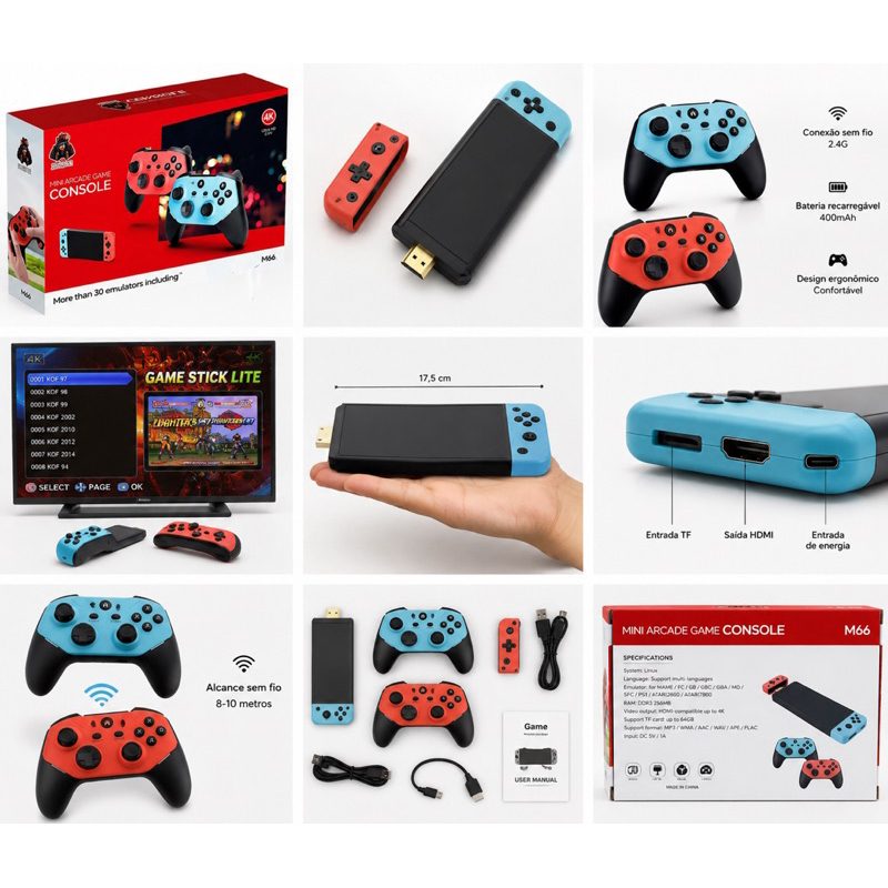 Mini Arcade Console Portátil M66 4K HDMI Retro Game Console com 2 Controles Sem Fio + 30000 Jogos
