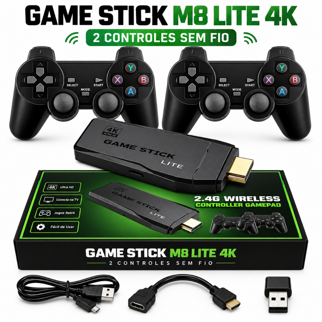 Game Stick M8 Lite 4K HDMI 2 Controles Sem Fio Console Retro Plug Play Para TV Monitor Projetor USB 2.4G Portatil Mini