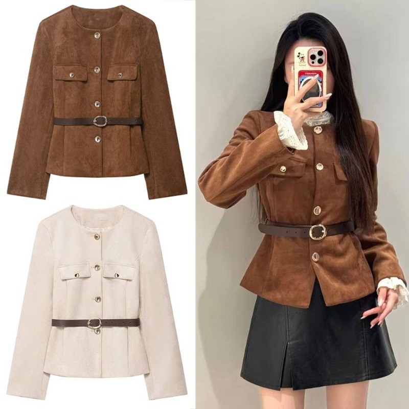 Blazer Estilo Europeu E Americano Commute Chic Suede-look Com Gola Redonda Cinto 20260402