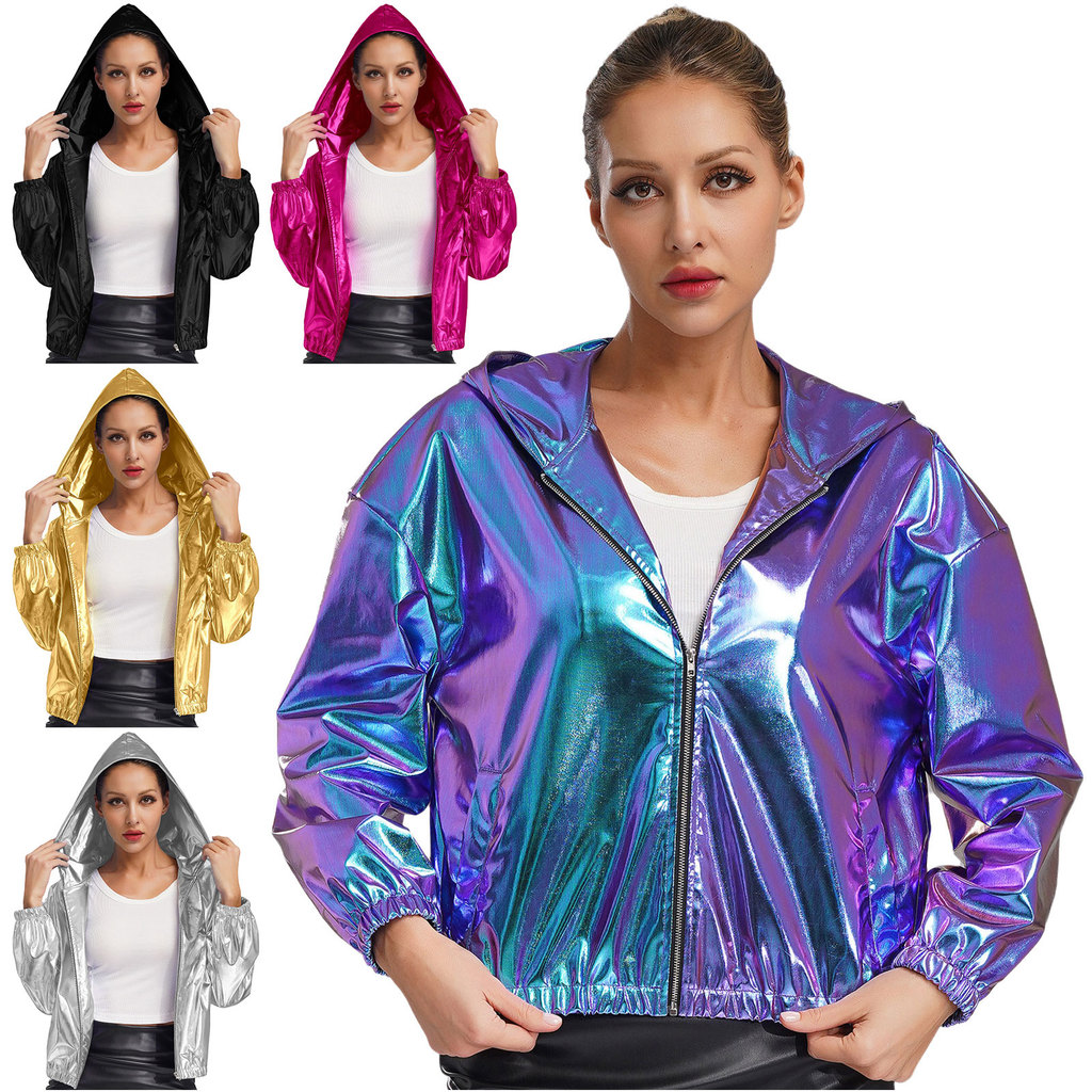 inhzoy Women Holographic Jacket Long Sleeve Hooded Zipper Jacket Sparkly Metallic Short Jacket Fashion Coat Club Wear