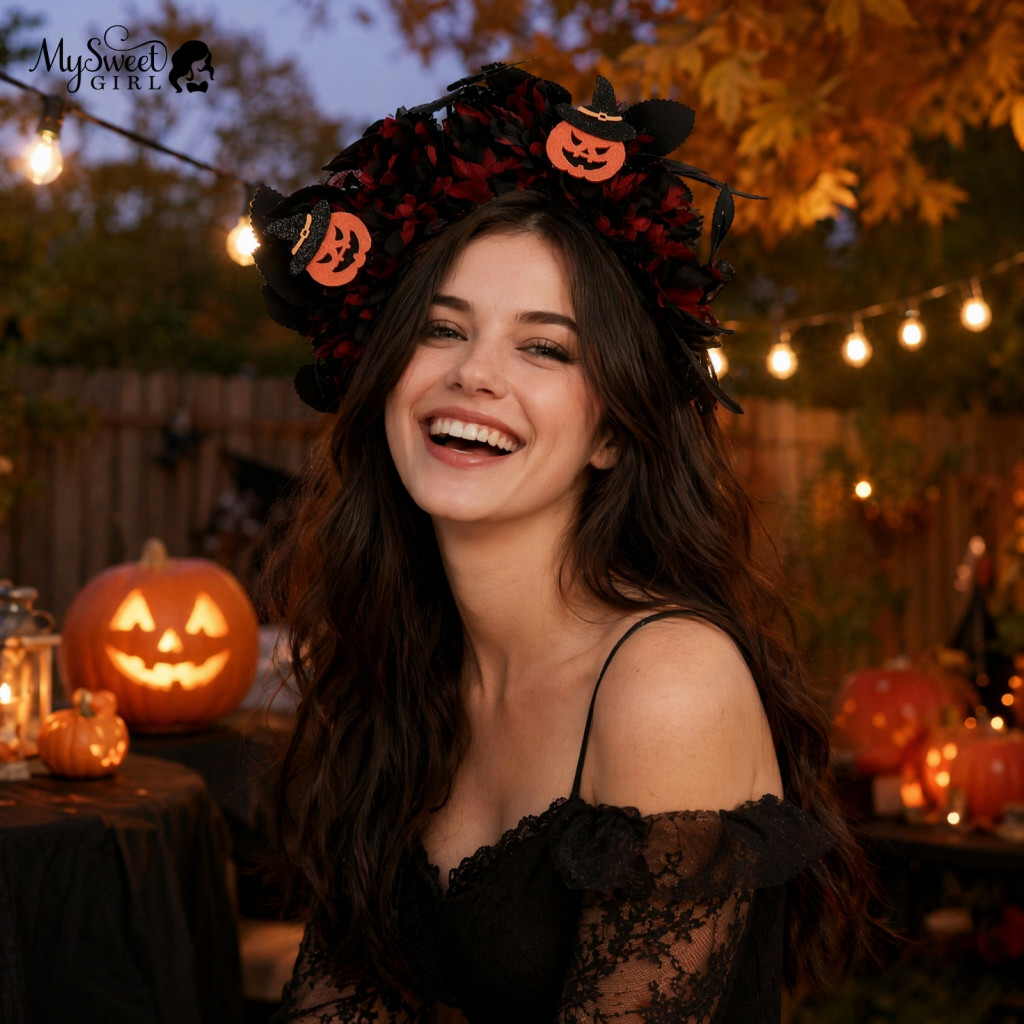 Comfortable Halloween Headband Handmade Flower Floral with 3d Flowers Wide Non-slip Hair Hoop Pumpkin Witch Decorations