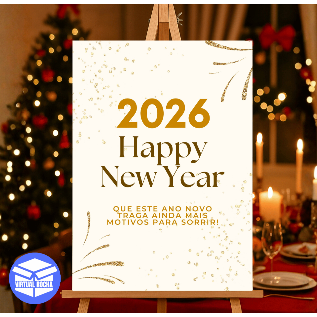Quadro Decorativo Happy New Year 2026 Festa Ano Novo Branco Dourado Decoração Luxuosa
