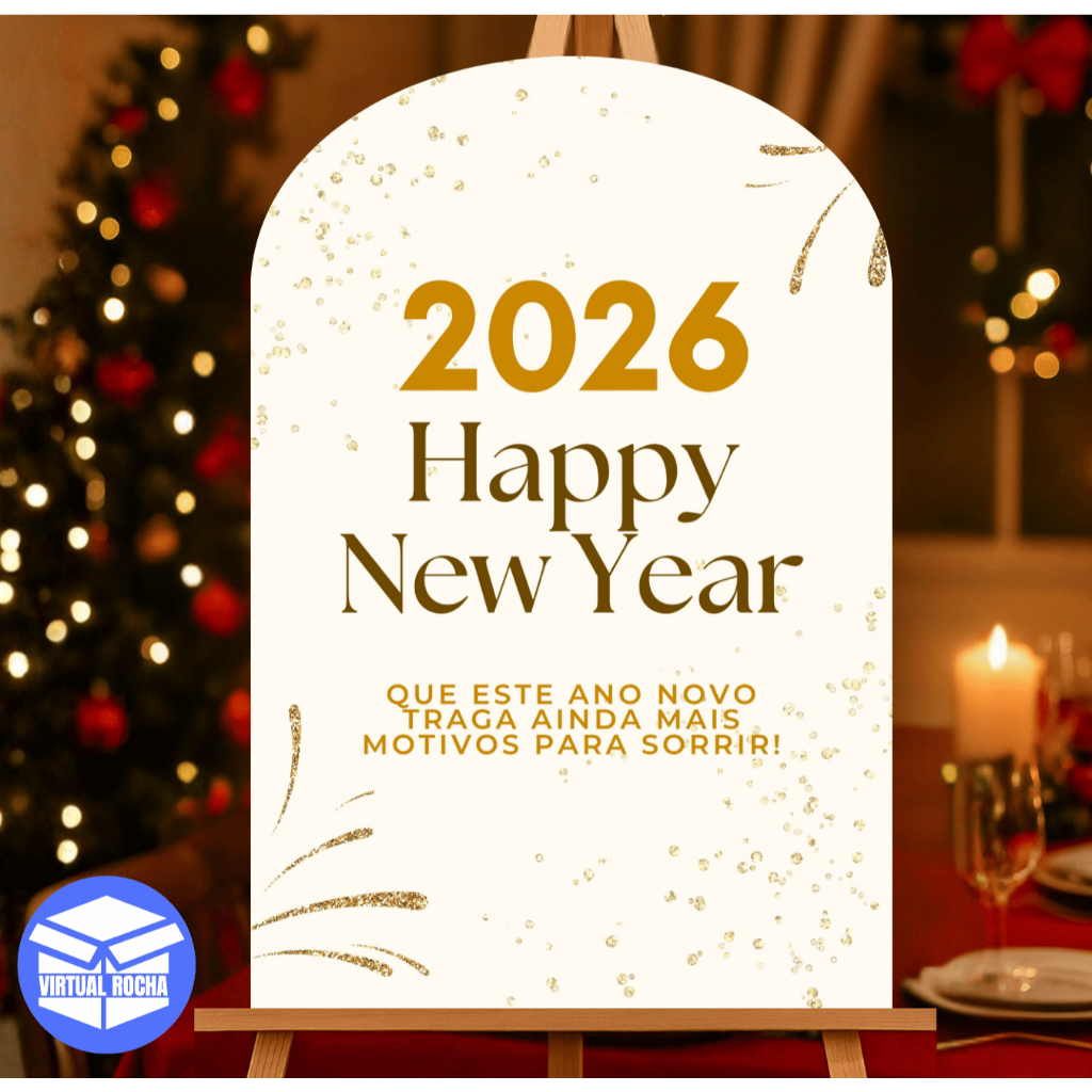 Placa Decorativa Arredondada 2026 Happy New Year Ano Novo Luxuoso Perfeita para Ambientes Modernos