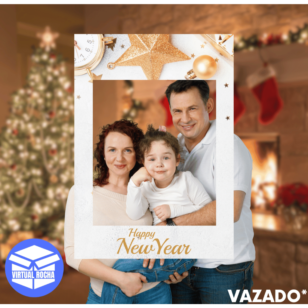 Moldura de Foto Happy New Year Branca e Dourada Design Sofisticado para Festa da Virada 2026