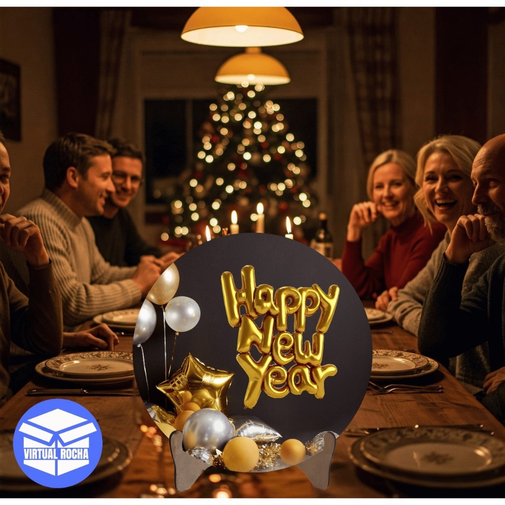 Quadro Decorativo Happy New Year Balões Dourados e Prata com Placa de Mesa Festa 2026