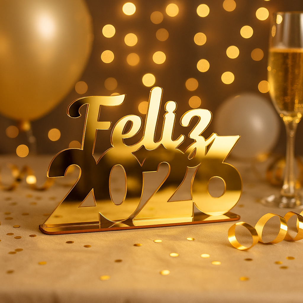 Frase Decorativa: Feliz 2026 em Acrilico Espelhado - Decoração para Ano Novo - New Year