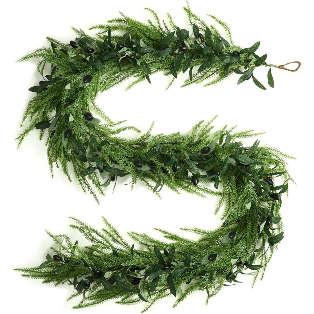 2026New 6FT Christmas Garland Norfolk Pine Garland Olive Garland Vine Wreath Real Touch Artificial Faux Greenery Wreath,