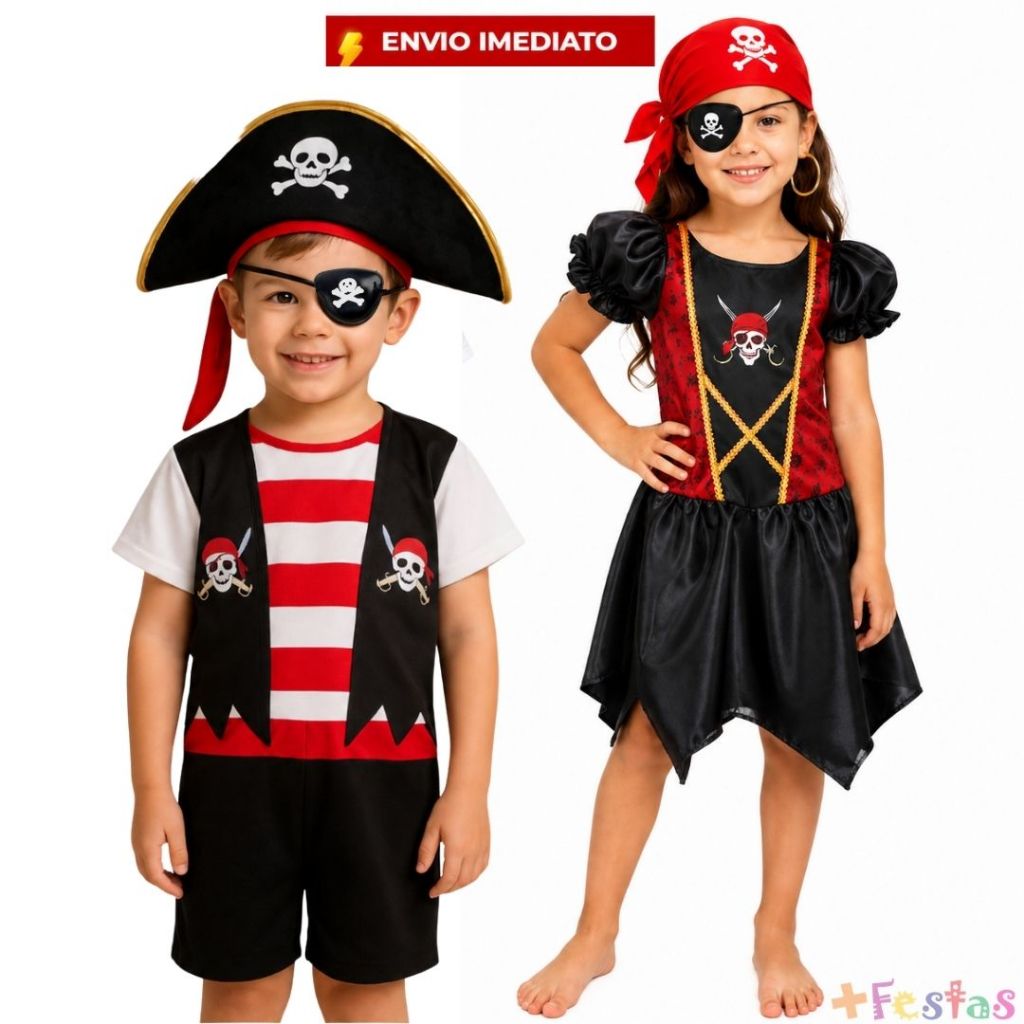 Kit Acessórios Fantasia Pirata Menina Menino Chapéu Tapa Olho Bandana Argola Cosplay Caribe