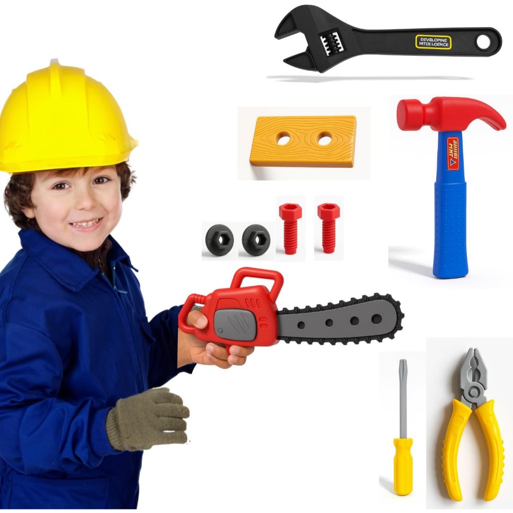 Kit Ferramentas Infantil Capacete e Acessórios 11 Peças Brinquedo Fantasia Profissão Crianças