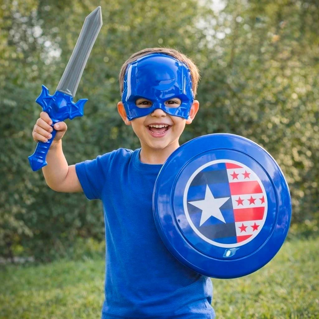 Kit Super Herói Infantil 3 Peças Máscara Escudo Espada Fantasia Brinquedo