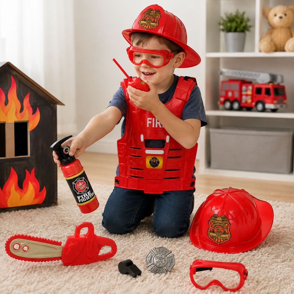 Brinquedo Kit Infantil conjunto Bombeiro Extintor Fantasia com Colete e Acessórios