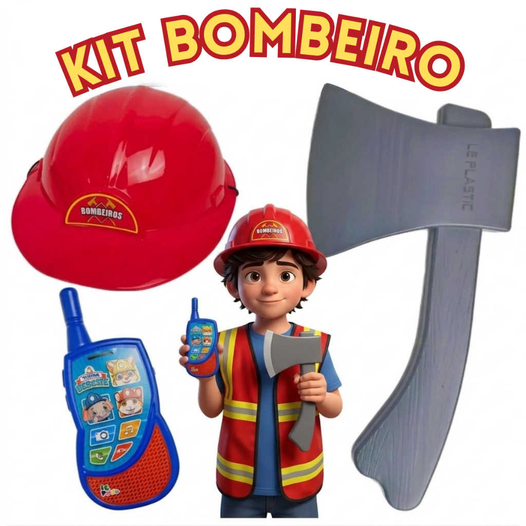 Kit Bombeiro Infantil Brinquedo Fantasia Capacete Machado Profissão Faz de Conta Festa