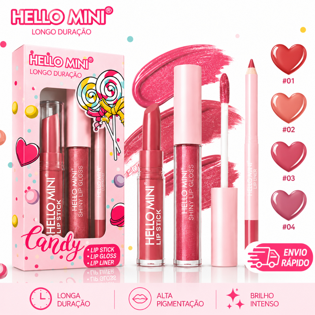 Kit Batom + Gloss Labial + Lápis Labial  + Batom em stick Hello Mini Candy 3 em 1 Alta Pigmentação