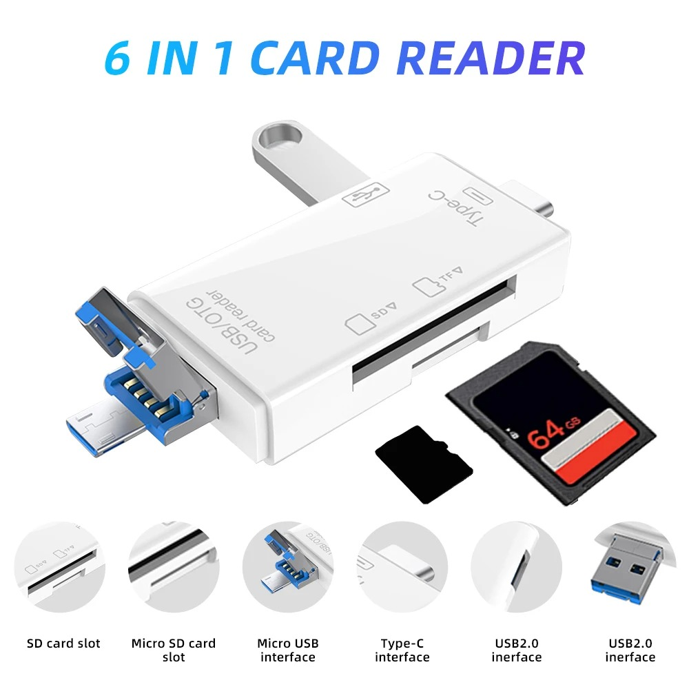 Leitor De Cartão OTG 6 Em 1 USB Type C Micro Para USB3.0 TF Adaptador SD Flash Drive Mini Câmera De Telefone