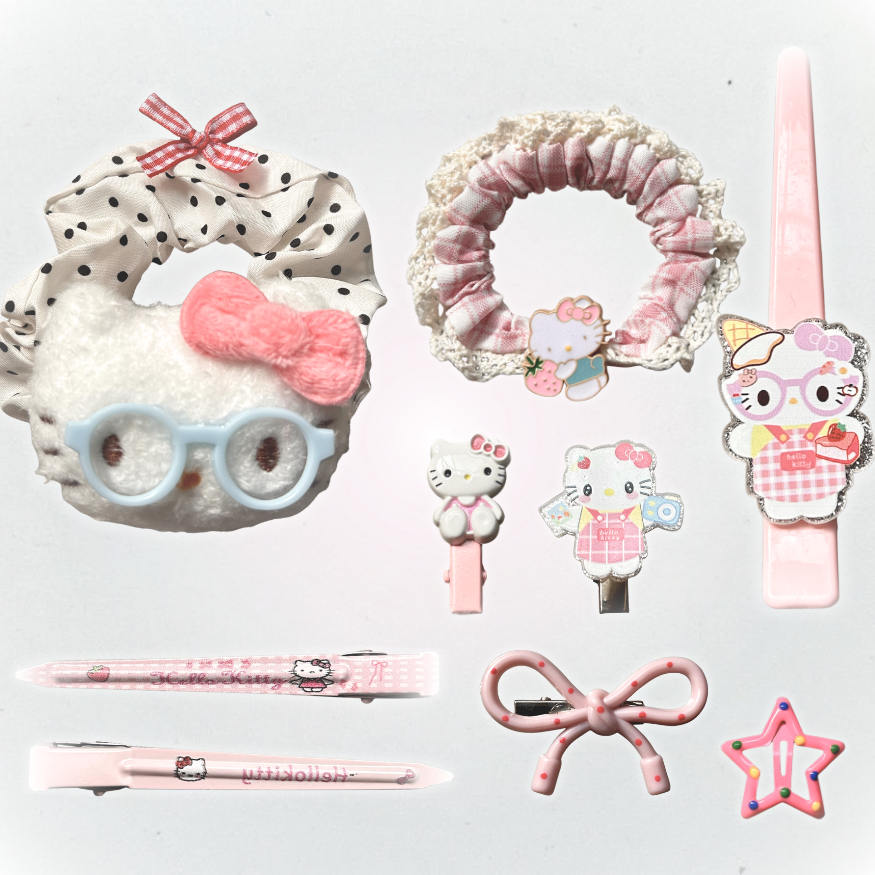 KIT 9 ACESSÓRIOS DE CABELO HELLO KITTY PINK | CONJUNTO | COQUETTE | PRESILHA | TIC-TAC | SANRIO | HELLO KITTY ✦