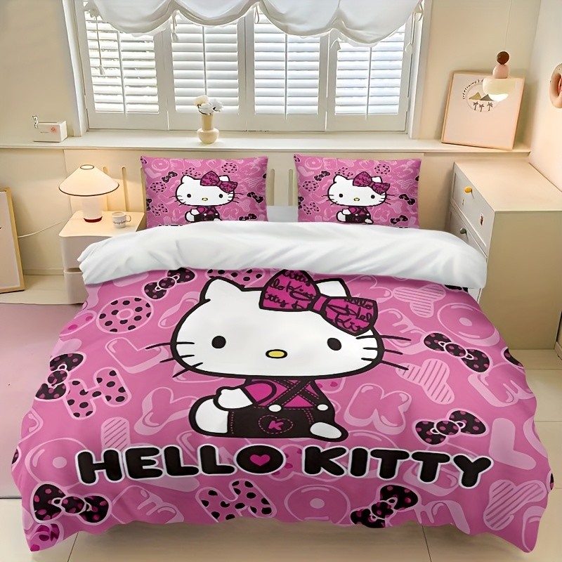 Conjunto de cama Sanrio Hello Kitty Love Pink (conjunto de 3 peças), tema de amor em formato de coração, incluindo 1 cap