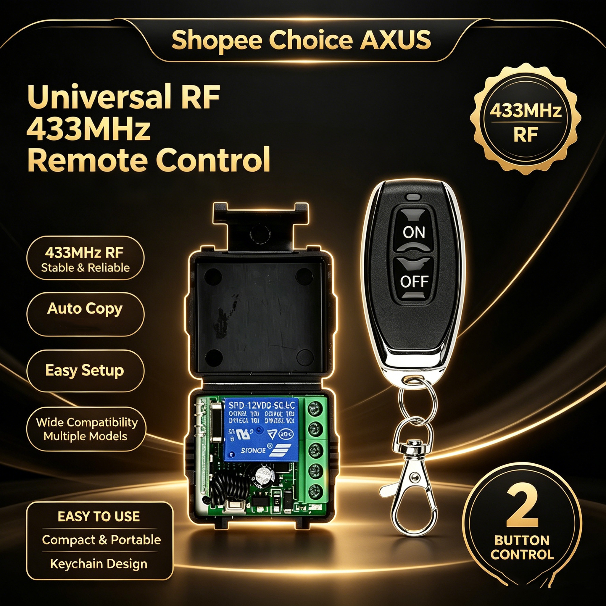 Interruptor de Controle Remoto RF 433 MHz AXUS, Relé DC 12V 10A, Receptor Mini para Portão, Luz LED, Porta de Garagem