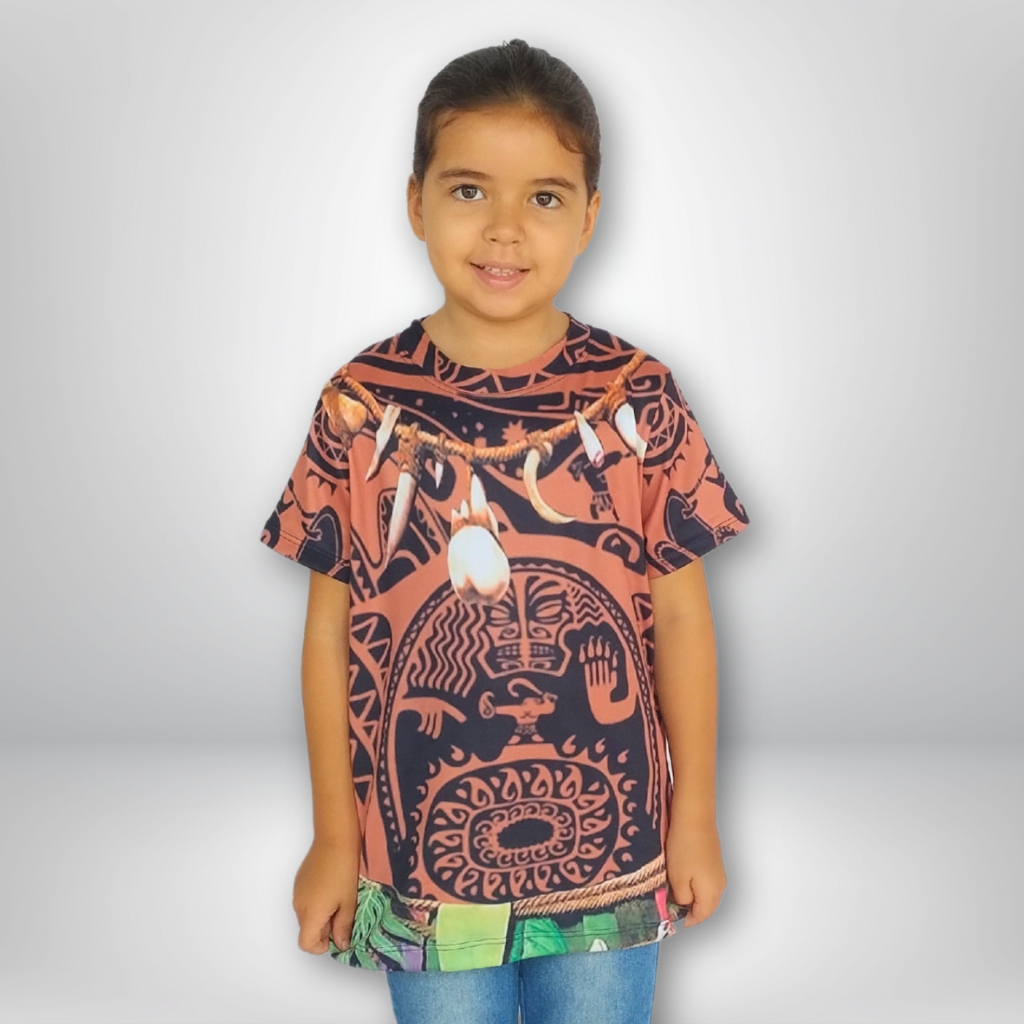 Camiseta Infantil Mauí Pronta Entrega Fantasia Tatuagens Cosplay Carnaval
