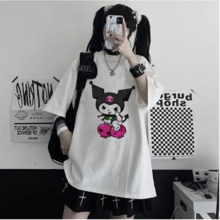 Camiseta Básica Algodão Unissex Manga Curta Verão  japonesa soft irmã kuromi Kuromi