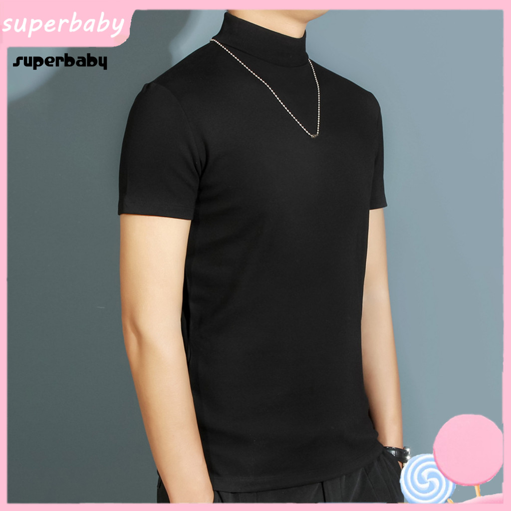 Men Slim Fit T-shirt Half-high Collar Men's Summer Short Sleeve Soft Breathable Fabric Striped Solid Color Pullover for
