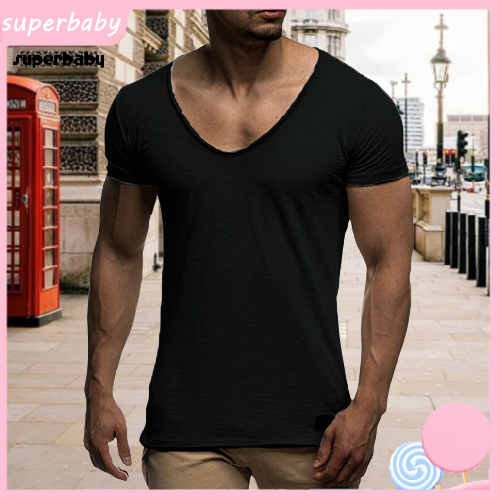 Men Slim Fit V-neck T-shirt Casual Sports Shirt for Men's Summer V Neck Short Sleeve Breathable Soft Sport Top Solid Col