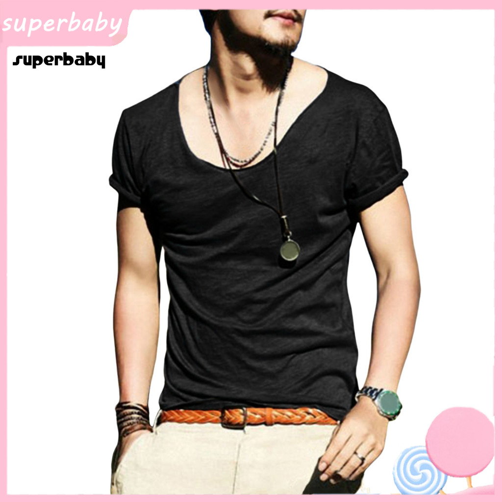 Men V-neck T-shirt Casual Men's Summer Slim Fit Breathable Soft Cotton Short Sleeve Tee Solid Color Stretchy Mid-length