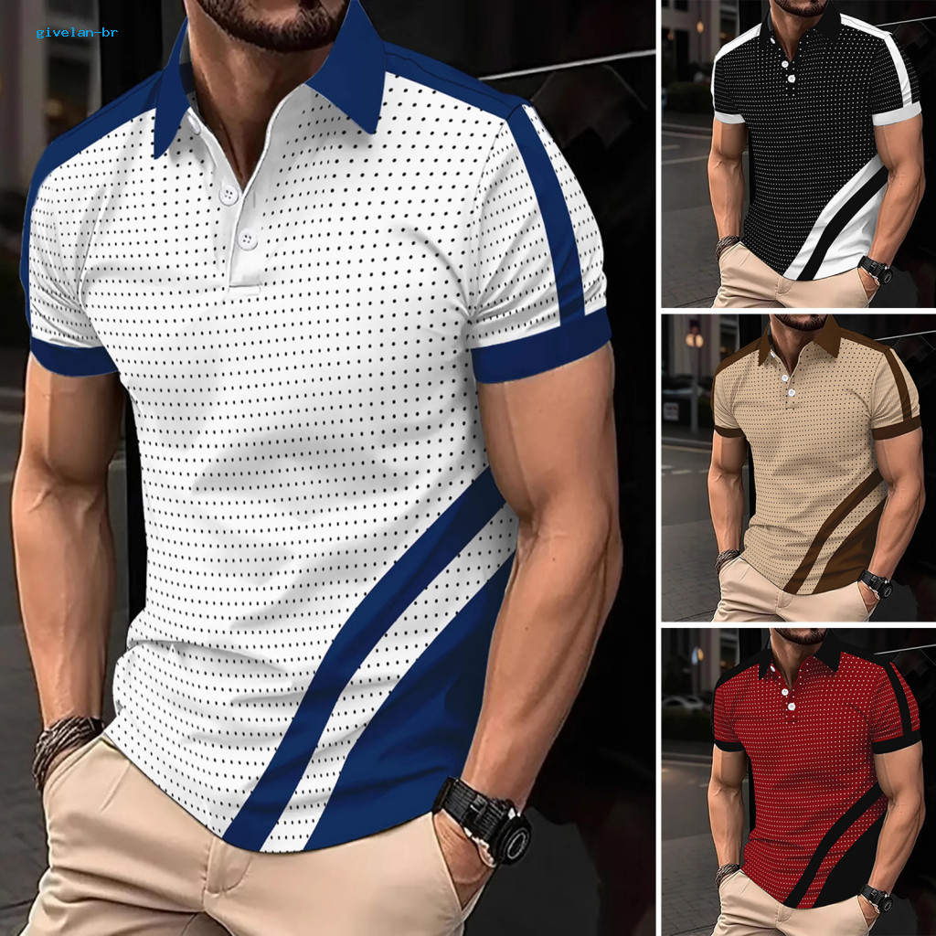 Soft and Skin-friendly Men Top Lapel Design Men's Slim Fit Polka Dot T-shirt Color Block Short Sleeve Polyester Tee Casu