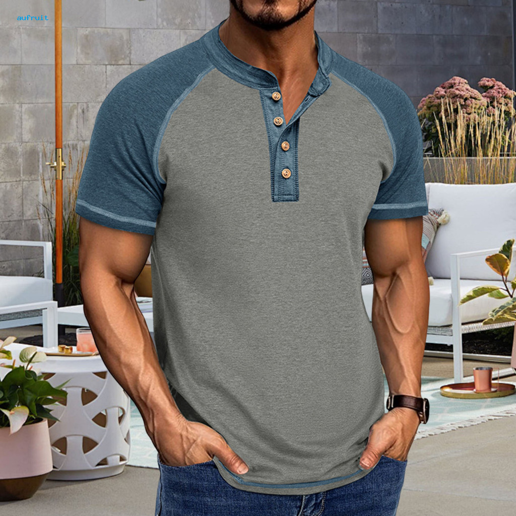 Breathable Men Shirt Soft Fabric Half-close Top Men's Cotton Muscle Fit T-shirt Henry Collar Short Sleeve Casual Tee for