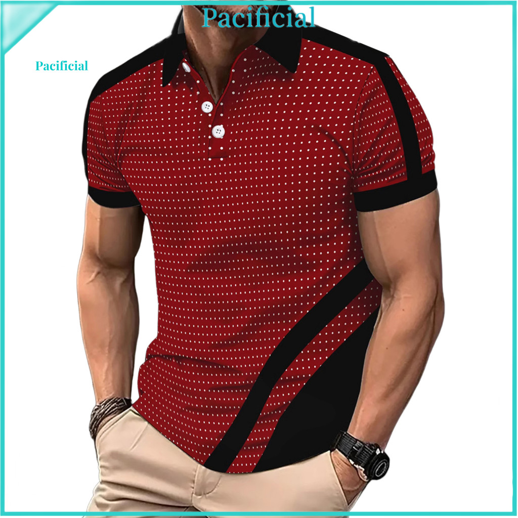Classic Lapel T-shirt for Men Soft and Skin-friendly Top Men's Slim Fit Polka Dot Color Block Short Sleeve Polyester Tee
