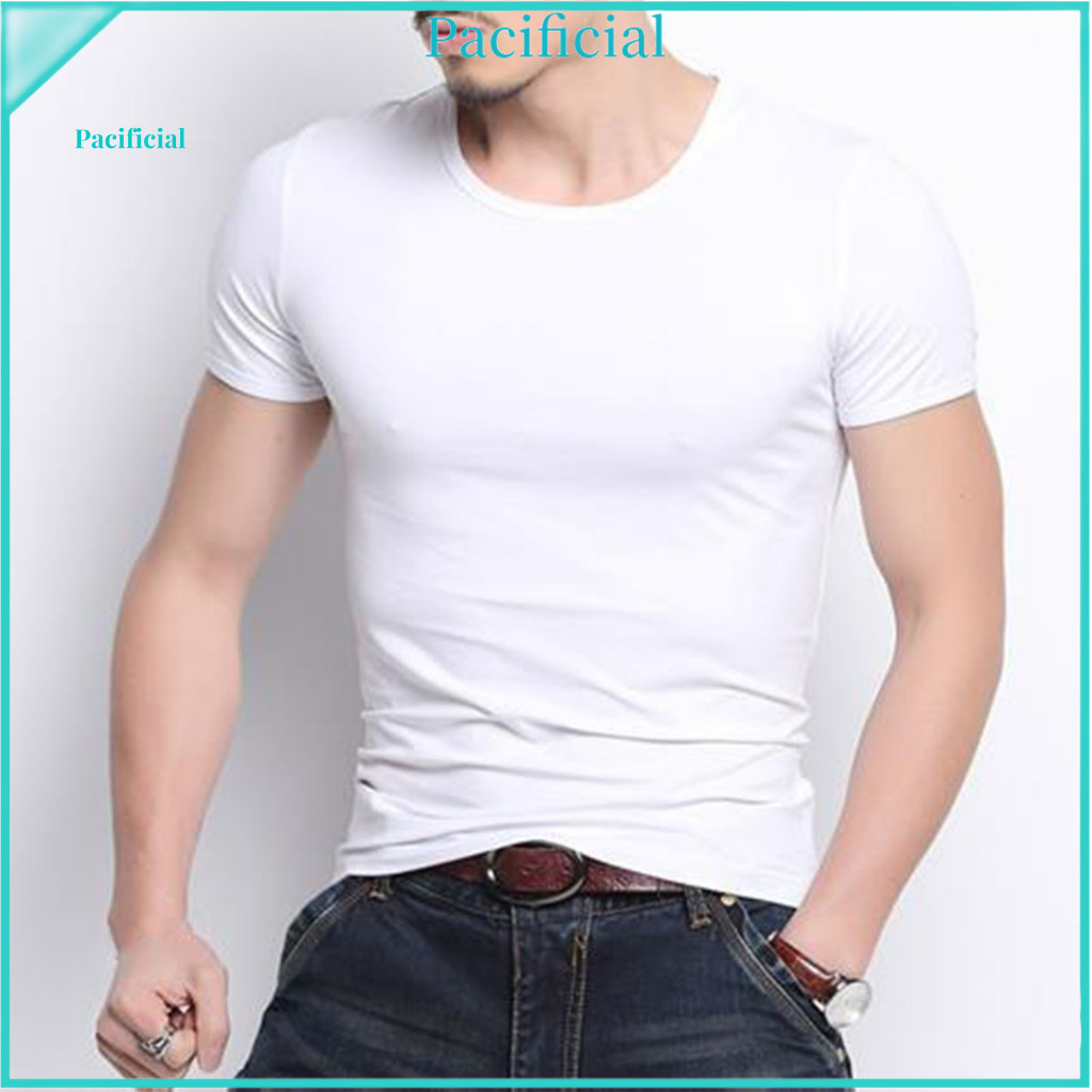 V-neck T-shirt Slim Fit Summer Men’s Short Sleeve V Neck Round Soft Breathable Thin Pullover Solid Color Top for Hot W