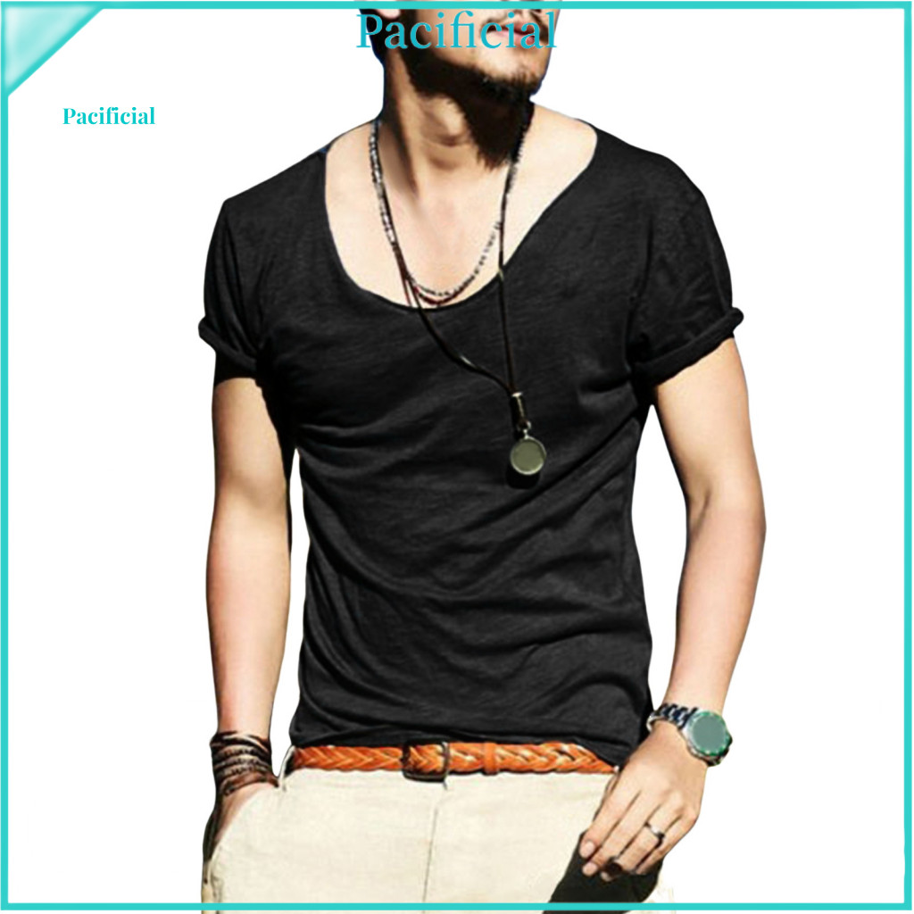 Men V-neck T-shirt Large Neckline Men's Summer V Neck Slim Fit Breathable Soft Cotton Short Sleeve Casual Tee Lightweigh