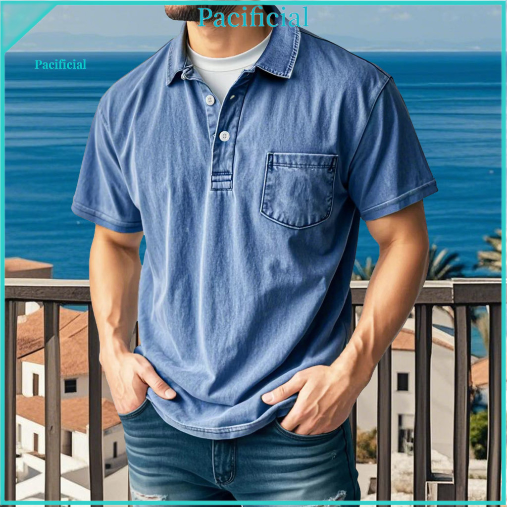 Classic Men T-shirt Soft Cotton Lapel Shirt Men's Casual Summer Short Sleeve Distressed Button-up with Pocket – Street