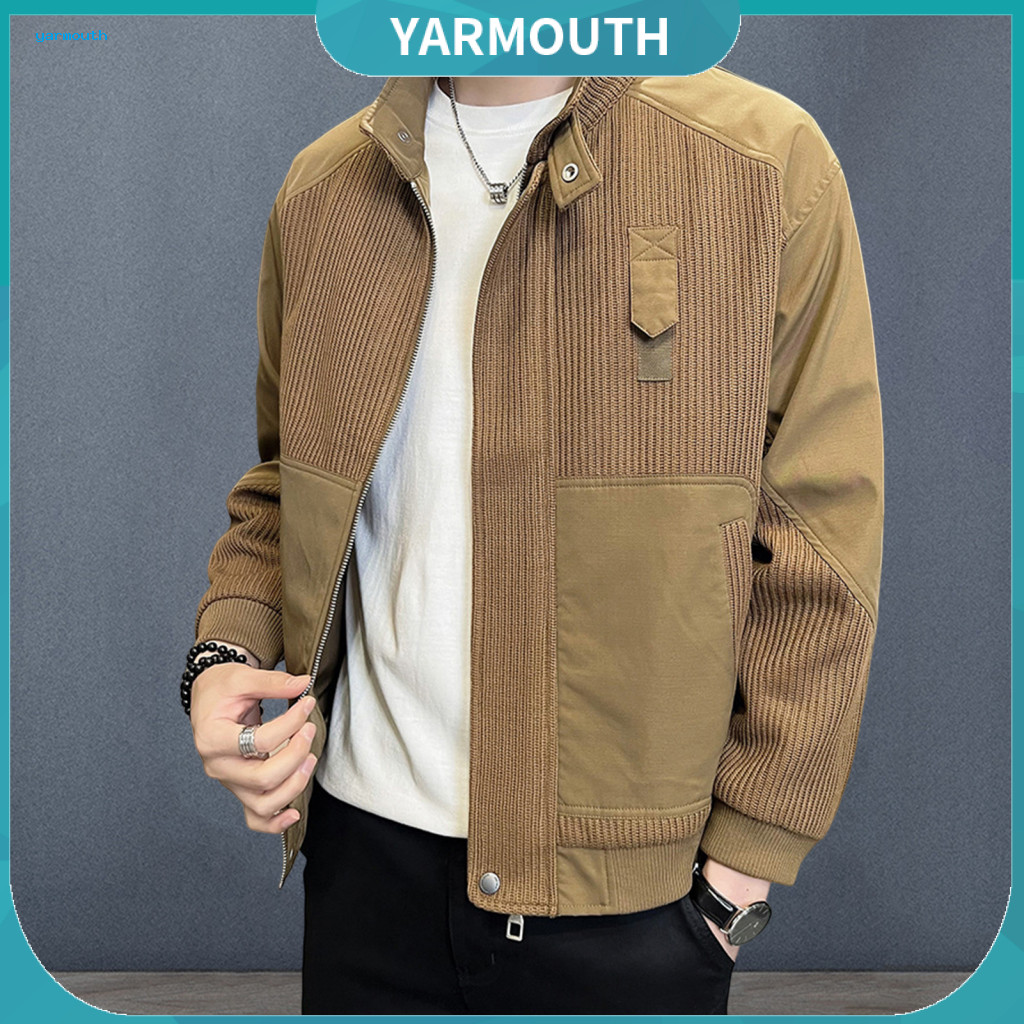 Retro Corduroy Coat Zipper Placket Jacket Men's Stand Collar Windbreaker with Long Sleeve Short Solid Color for Southeas
