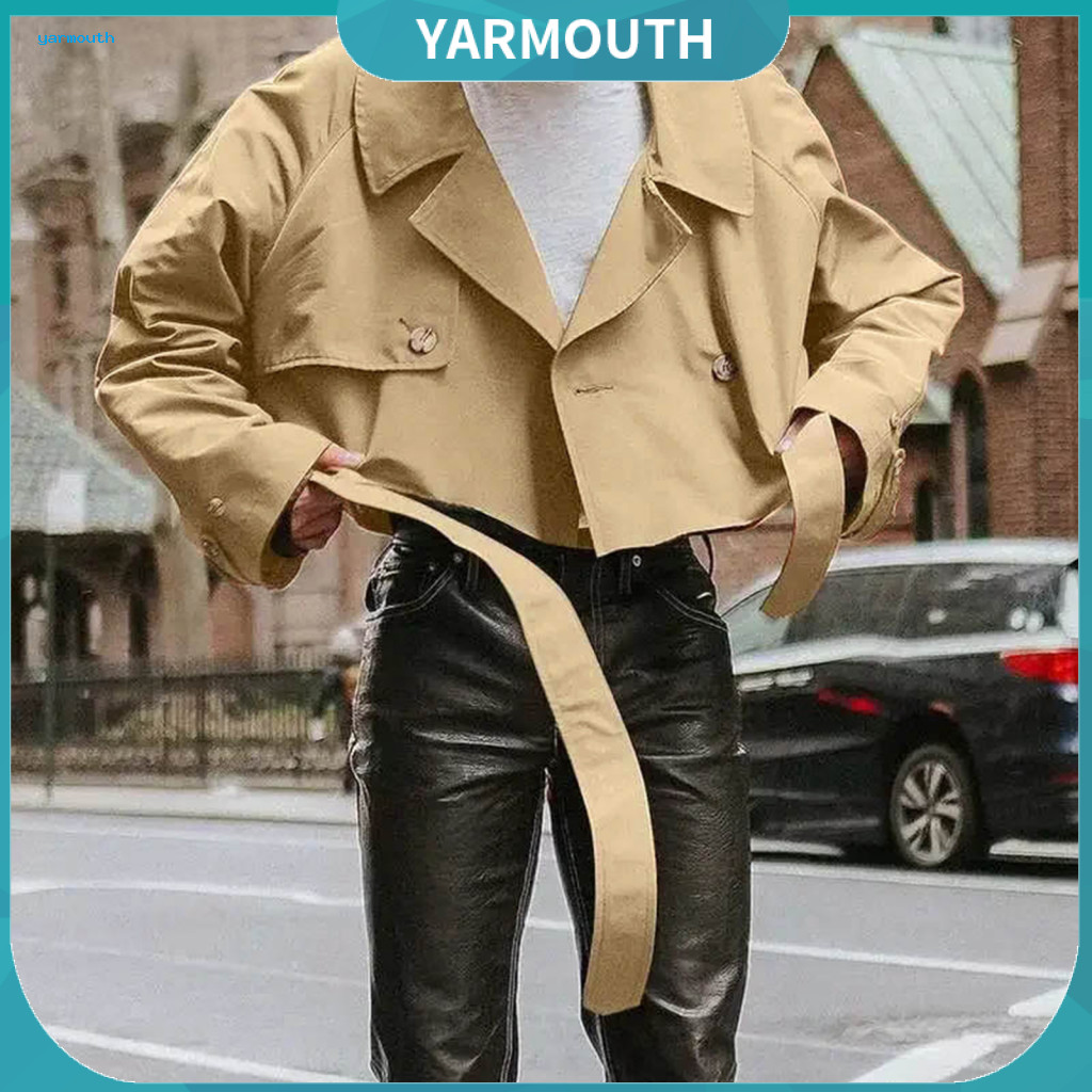 Retro Windbreaker Solid Color Style Cropped Jacket for Women Long Sleeve Single-breasted with Belt – Lightweight for S