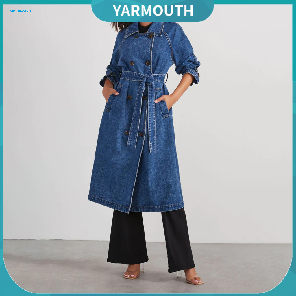 Women Windbreaker British Style Coat Women’s Denim Jacket Double-breasted with Side Pockets Lace-up Tie Waist Mid-leng