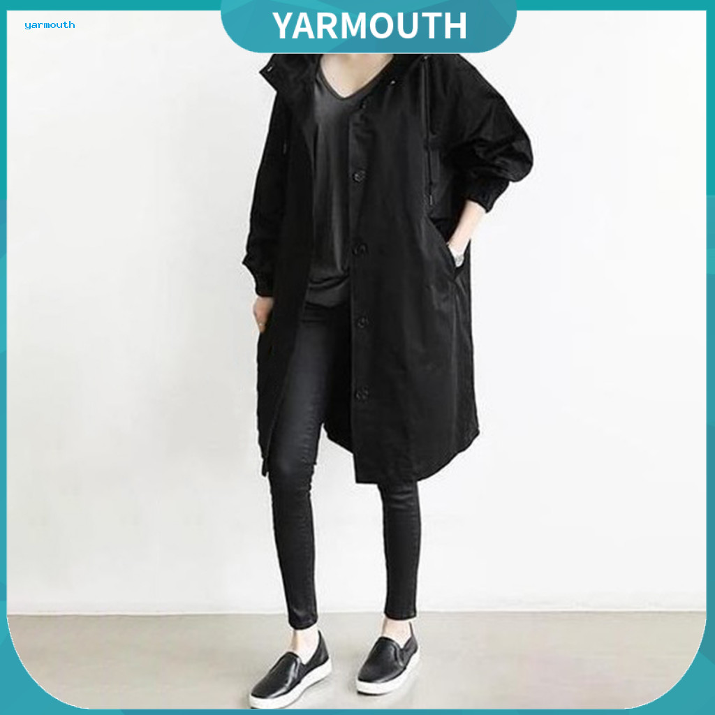 Women Long Hooded Jacket Solid Color Women’s Lightweight Windbreaker – Loose Fit Knee-length Button-down with Pocket