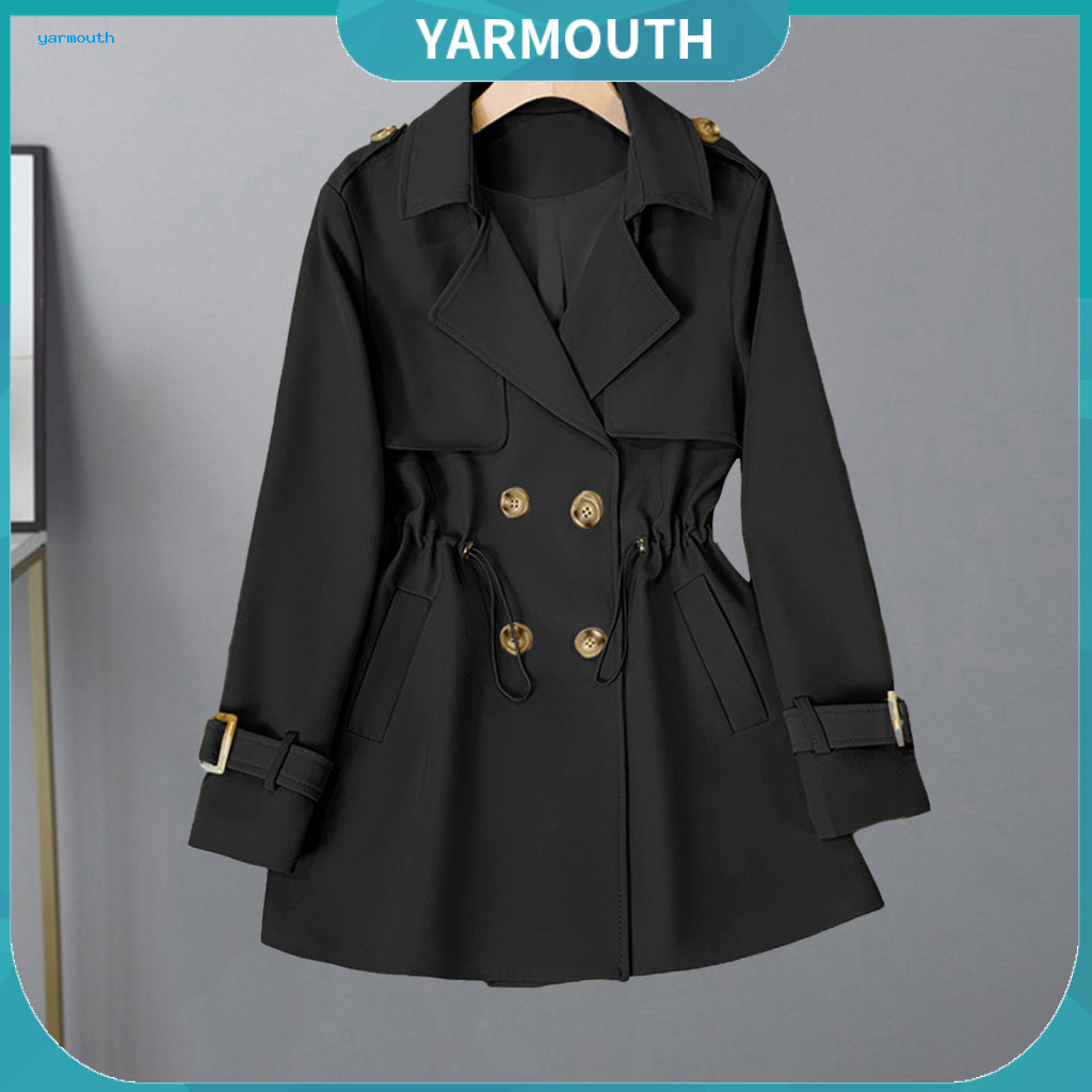 Long Sleeve Lapel Coat Women Jacket with Drawstring Waist Winter Windbreaker Elastic Double-breasted for Southeast